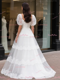 Puffy Sleeve Tulle Ruffles Square Lace Wedding Dress