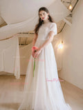 A Line Short Sleeve High Neck Tulle Appliques Wedding Dress