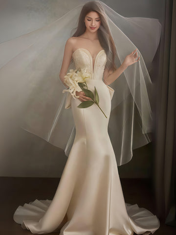 Trumpet Mermaid Satin Deep V Neck Wedding Dress