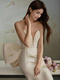 Trumpet Mermaid Satin Deep V Neck Wedding Dress