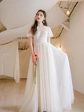 A Line Short Sleeve High Neck Tulle Appliques Wedding Dress