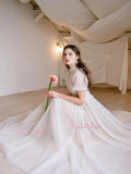 A Line Short Sleeve High Neck Tulle Appliques Wedding Dress
