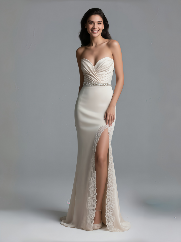 Sheath Column Beige Sweetheart Lace Prom Dress With Slit Sassymyprom Sheath Column Beige Sweetheart Lace Prom Dress With Slit Sassymyprom