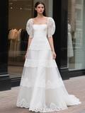 Puffy Sleeve Princess A Line Layers Lace Wedding Dress