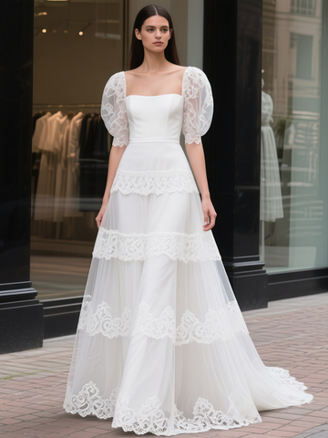 Puffy Sleeve Princess A Line Layers Lace Wedding Dress