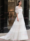 Puffy Sleeve Princess A Line Layers Lace Wedding Dress