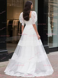 Puffy Sleeve Princess A Line Layers Lace Wedding Dress