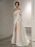 Trumpet Mermaid Ruched Off The Shoulder Wedding Dress With Slit