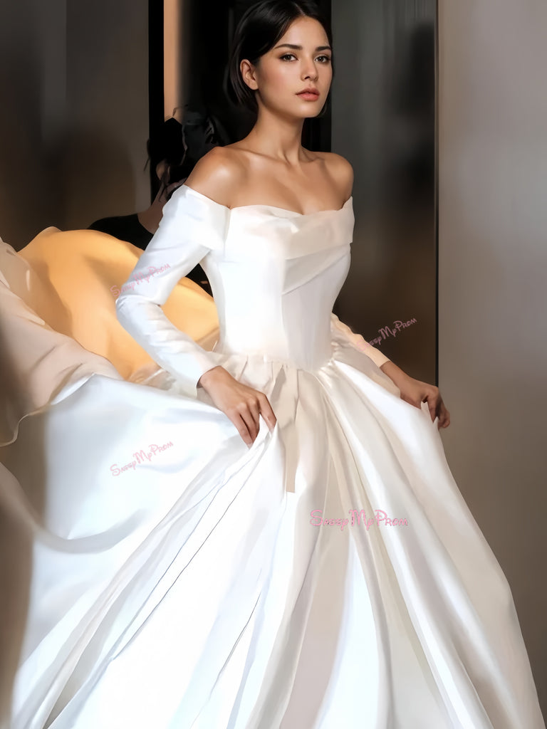 Off The Shoulder A Line Satin Lace Long Sleeve Wedding Dress main image 1