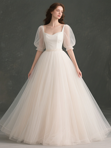 Tulle A Line Square Beading Puffy Sleeves Wedding Dress