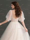 Tulle A Line Square Beading Puffy Sleeves Wedding Dress