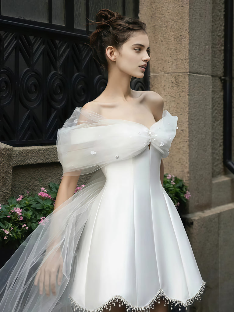 Beading Short Mini Satin Off The Shoulder Wedding Dress – Sassymyprom Beading Short Mini Satin Off The Shoulder Wedding Dress – Sassymyprom