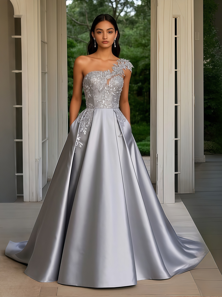 Satin A Line Appliques Silver One Shoulder Prom Dress With Pockets Satin A Line Appliques Silver One Shoulder Prom Dress With Pockets