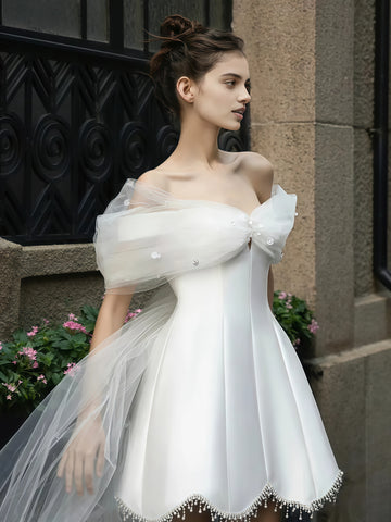 Beading Short Mini Satin Off The Shoulder Wedding Dress