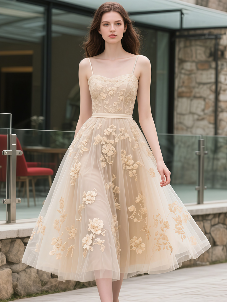 Champagne Spaghetti Straps Tulle Tea Length Wedding Dress US2 / Ivory