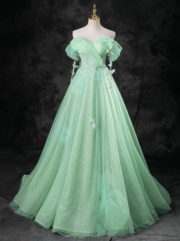 Mint Green Ball Gown Off The Shoulder Tulle Prom Dress