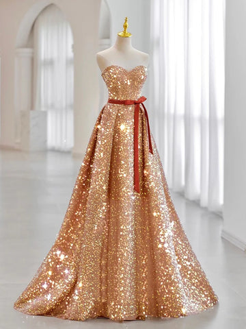 Radiant Sequin Gold Evening Dress with Belt