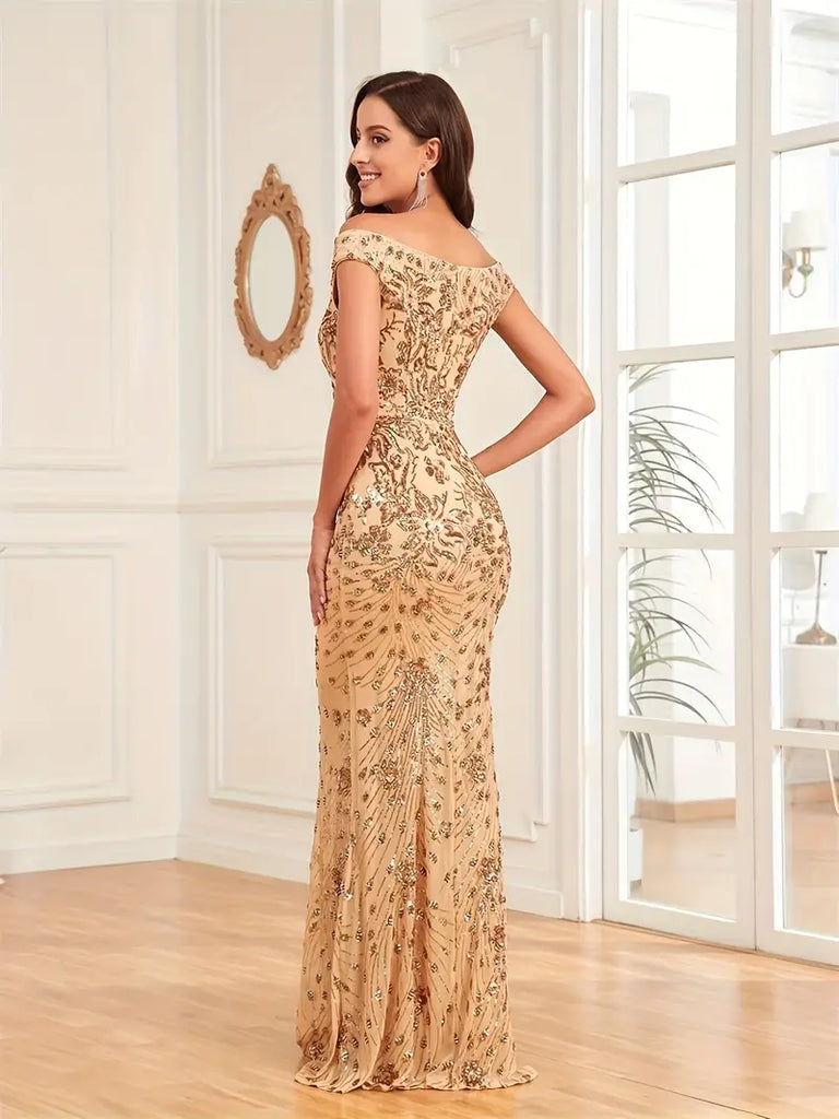 Off The Shoulder Gold Sparkle Trumpet Mermaid Prom Dress XL