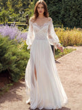 Sweetheart A Line Chiffon Long Sleeve Wedding Dress With Slit
