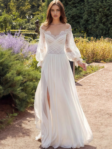 Sweetheart A Line Chiffon Long Sleeve Wedding Dress With Slit