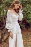 Sweetheart A Line Chiffon Long Sleeve Wedding Dress With Slit