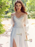 Sweetheart A Line Chiffon Long Sleeve Wedding Dress With Slit