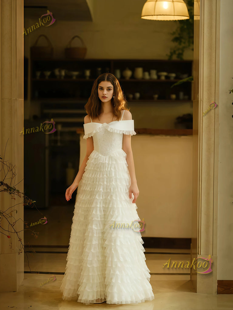 Layers Tulle Ruffles Off The Shoulder Wedding Dress – Sassymyprom