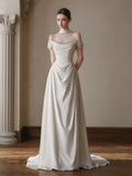 Satin A Line Ruched Shawl Off The Shoulder Wedding Dress