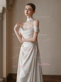 Satin A Line Ruched Shawl Off The Shoulder Wedding Dress