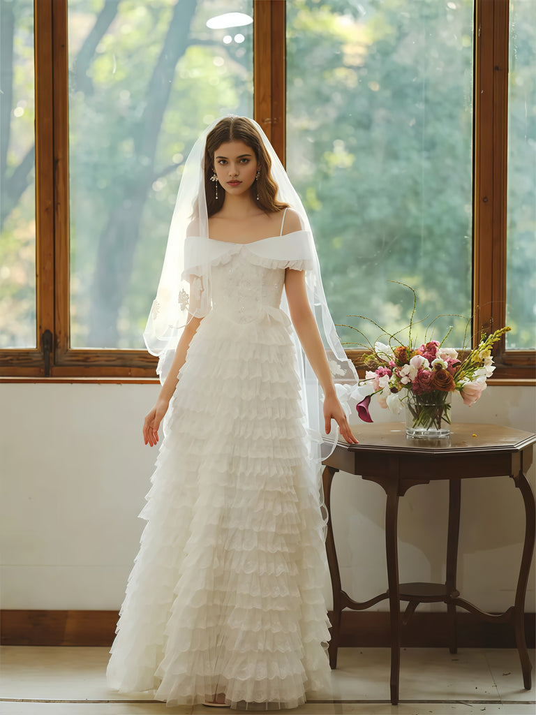 Layers Tulle Ruffles Off The Shoulder Wedding Dress US12 / White Layers Tulle Ruffles Off The Shoulder Wedding Dress US12 / White