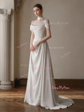 Satin A Line Ruched Shawl Off The Shoulder Wedding Dress