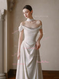 Satin A Line Ruched Shawl Off The Shoulder Wedding Dress
