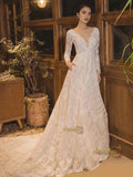 V Neck White A Line Lace Long Sleeve Wedding Dress