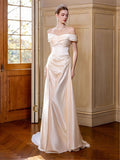 Trumpet Mermaid Satin Ruched Simple Off The Shoulder Wedding Dress