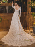 V Neck White A Line Lace Long Sleeve Wedding Dress