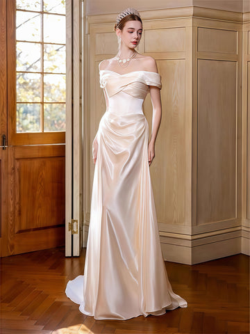 Trumpet Mermaid Satin Ruched Simple Off The Shoulder Wedding Dress