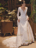 V Neck White A Line Lace Long Sleeve Wedding Dress