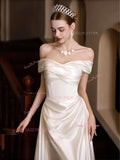 Trumpet Mermaid Satin Ruched Simple Off The Shoulder Wedding Dress
