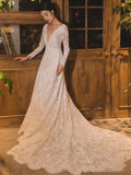 V Neck White A Line Lace Long Sleeve Wedding Dress