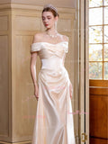Trumpet Mermaid Satin Ruched Simple Off The Shoulder Wedding Dress