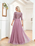 Burgundy Chiffon Half Sleeve Waist Sequin Long Dres
