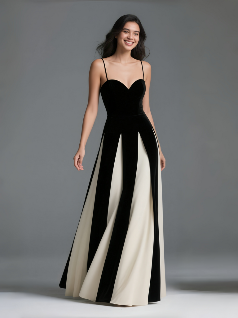 Berylove Women Black and White Long Formal Dress Colorblock A Line Spaghetti Straps Evening Dress, Black and White / US4 Berylove Women Black and White Long Formal Dress Colorblock A Line Spaghetti Straps Evening Dress, Black and White / US4