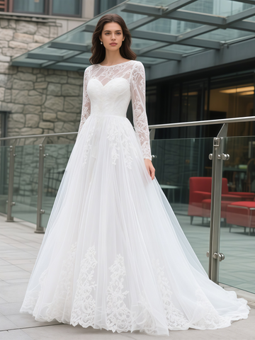 Scoop Tulle Long Sleeve Lace Long Sleeve Wedding Dress