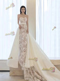 Sweetheart White Lace A Line Wedding Dress With Detachable Train