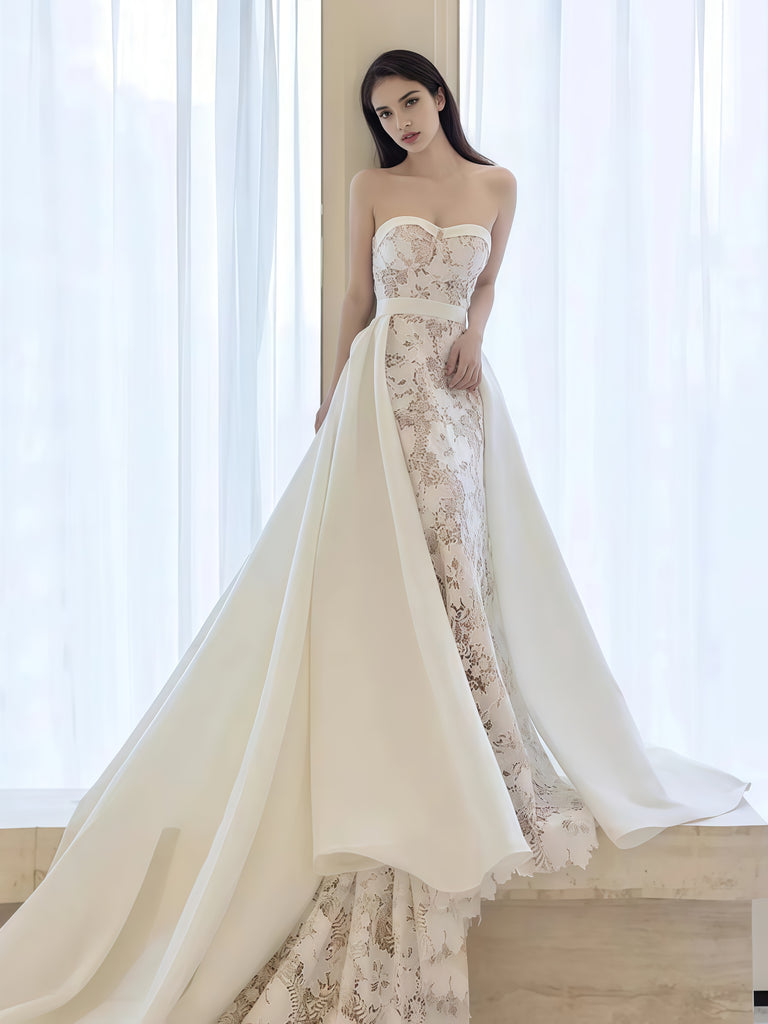Sweetheart White Lace A Line Wedding Dress With Detachable Train Sweetheart White Lace A Line Wedding Dress With Detachable Train