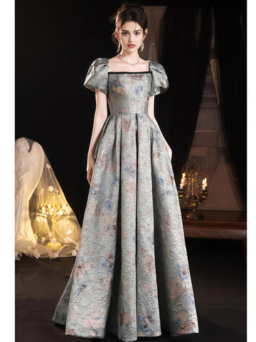 Print Satin A Line Puffy Sleeve Prom Dress