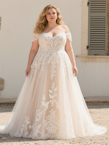 Appliques Plus Size Tulle Champange Off The Shoulder Wedding Dress