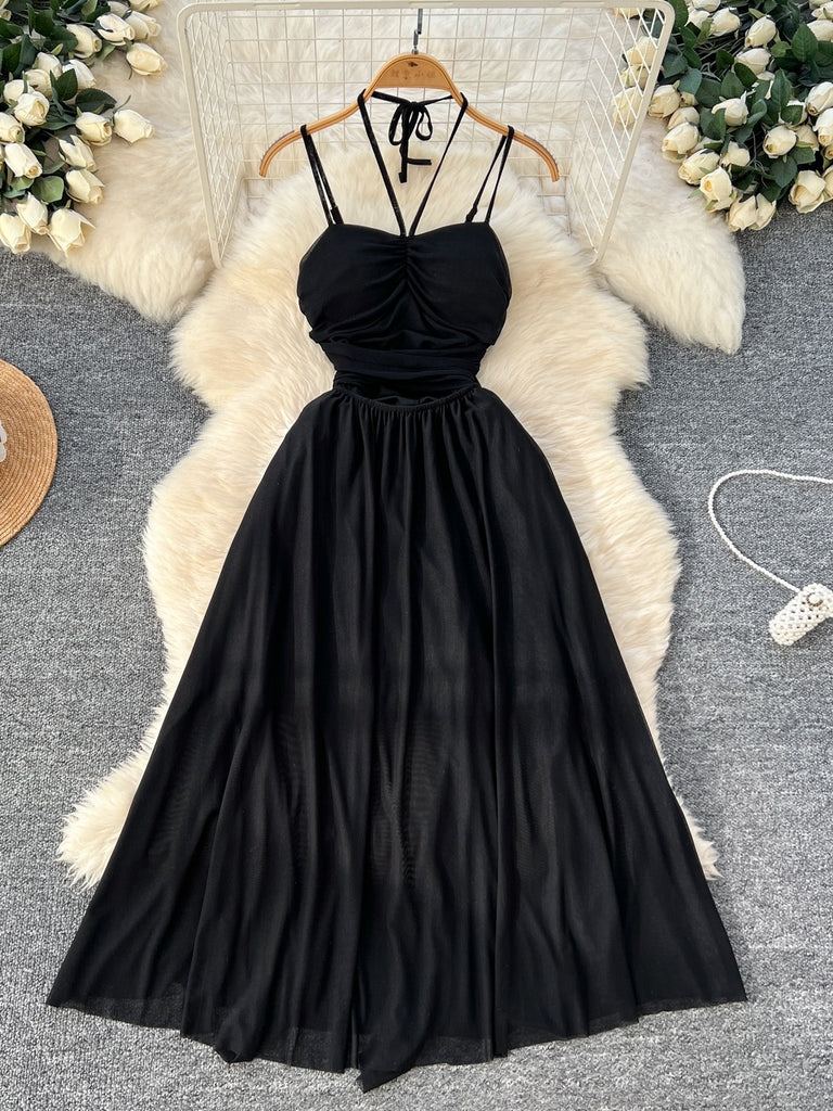 Crisscross Back Straps Flowing Skirt Black Dress Brown