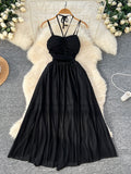Crisscross Back Straps Flowing Skirt Black Dress