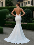 Trumpet Mermaid White V Neck Lace Wedding Dress With Slit